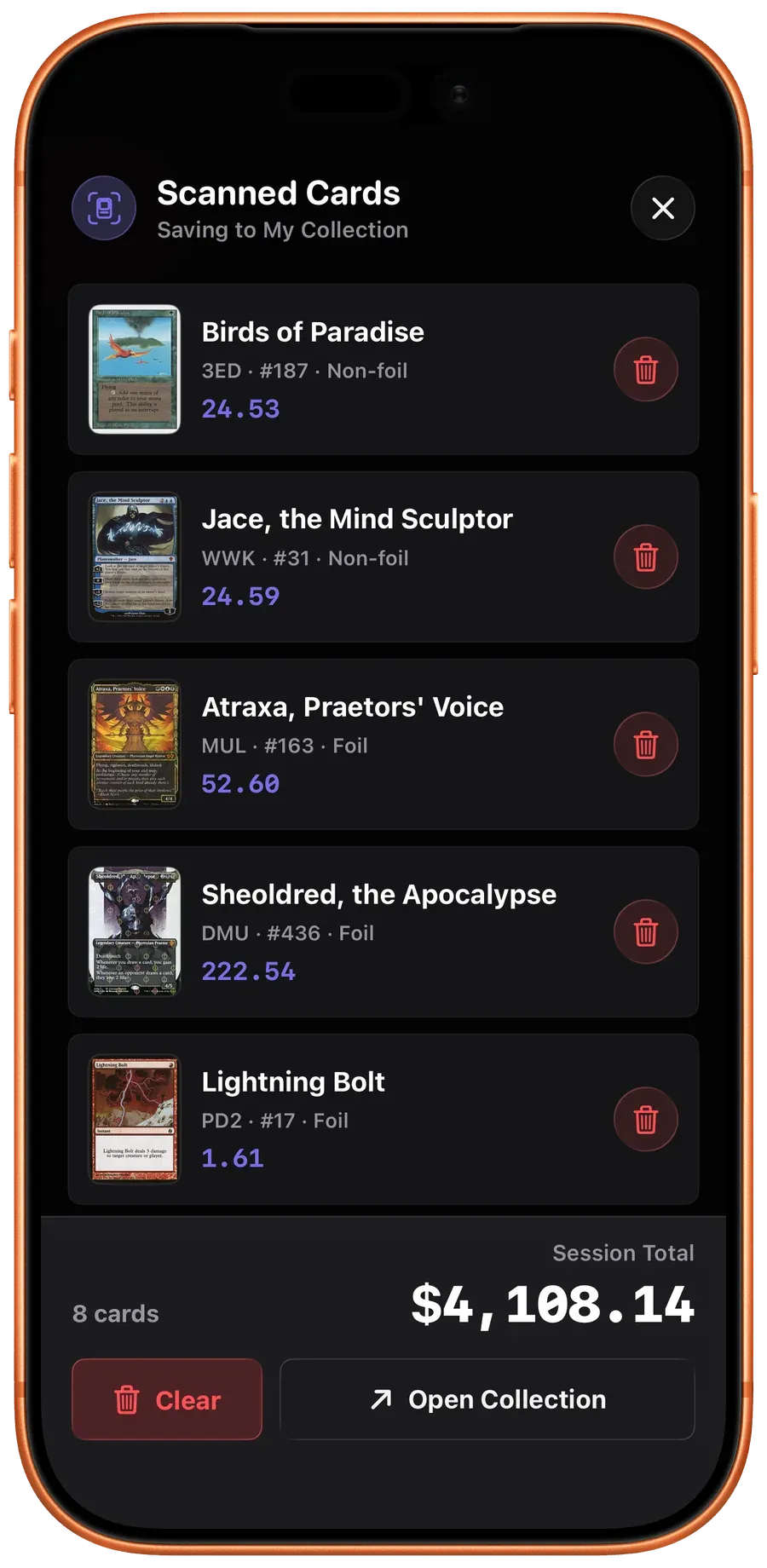 Scrytics scan session with recently identified Magic cards