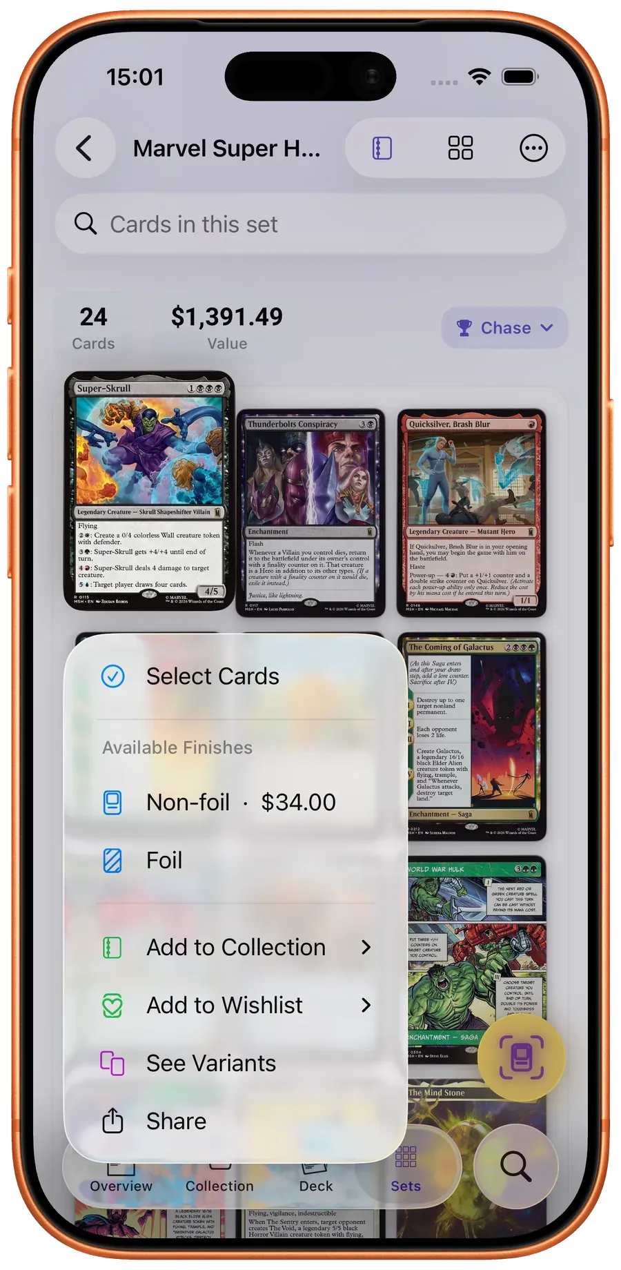 Set card actions for selecting, collecting and viewing a Magic card