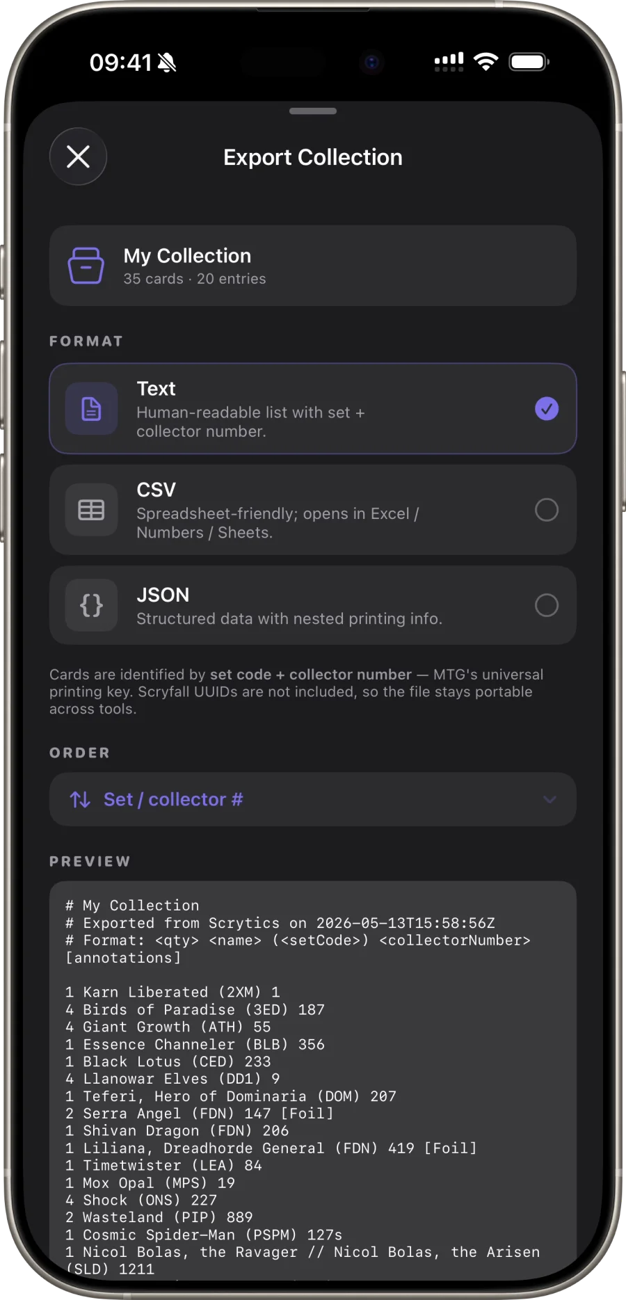 Scrytics collection export — CSV, Deckbox, Moxfield and plain text formats for Magic: The Gathering