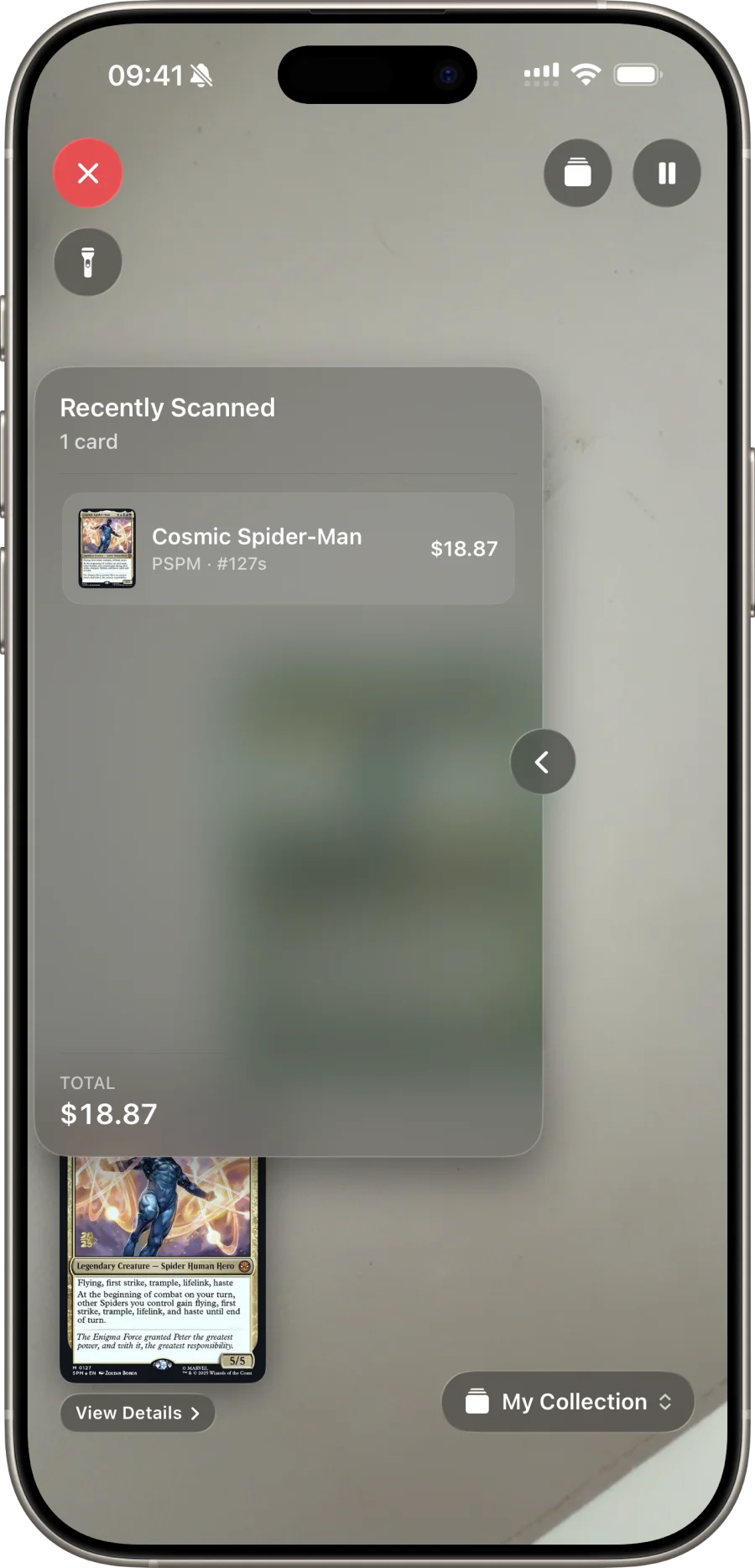 Continuous scan drawer — multiple cards recognised in one session