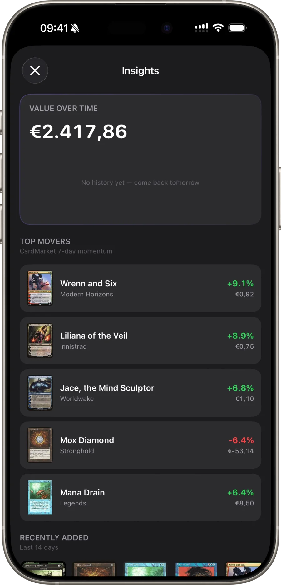 Scrytics set insights — completion progress and value totals for every Magic set you own